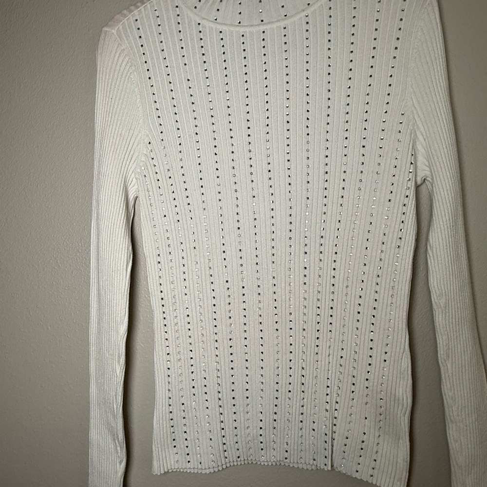 INC International Concepts White Ribbed Knit Sweater with Silver Studs